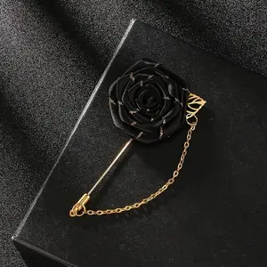 1pc Men Cloth Rose Flower with Golden Leaf Brooch. Red Blue Rose Floral Lapel Stick Handmade Boutonniere Pins for Suit, Lapel Pin Wedding Brooch