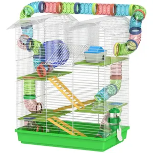 Green five-tier hamster cage with tubes tunnels and exercise wheel suitable for dwarf hamsters and gerbils for multi-story indoor playing and living in the bedroom