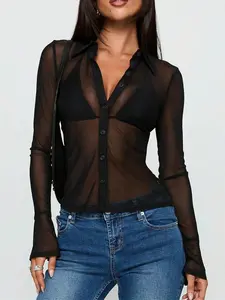 Women's Mesh Sheer Fitted Button Shirt, Stylish Breathable Design, Perfect for Casual Wear & Daily, Versatile Fashion Essential