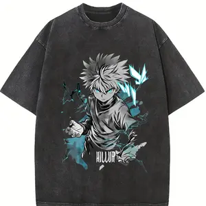 Killua Zoldyck T-Shirt Hunter x Hunter Graphic Anime Tee Oversized Acid Washed Soft Cotton Shirt Anime Streetwear Casual Menswear Unisex Summer Clothing Gift for Anime Fans