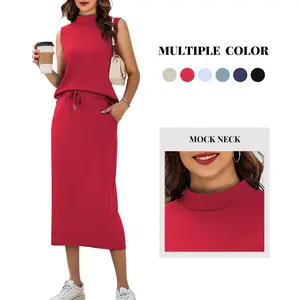 Women's 2-Piece Minimalist Lady Basic Elegance Fitted Cut Plain Skirt Suit, Sleeveless Mock Neck Top & Midi Skirt, Soft Comfortable Fabric, Multi-Size Spring Summer Casual Clothes, 2 Scenarios (Lounge, Travel), Multiple Colors, Springfresh Womenswear,summ