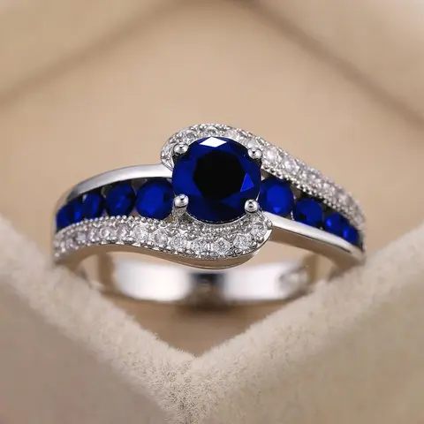 Women's Elegant Artificial Zircon Decorated Ring with Blue Round Decor,  Exquisite Trendy Ring for Anniversary, Fashionable Jewelry for Women As Gift, Cubic Zirconia Rings, Beautiful Rings