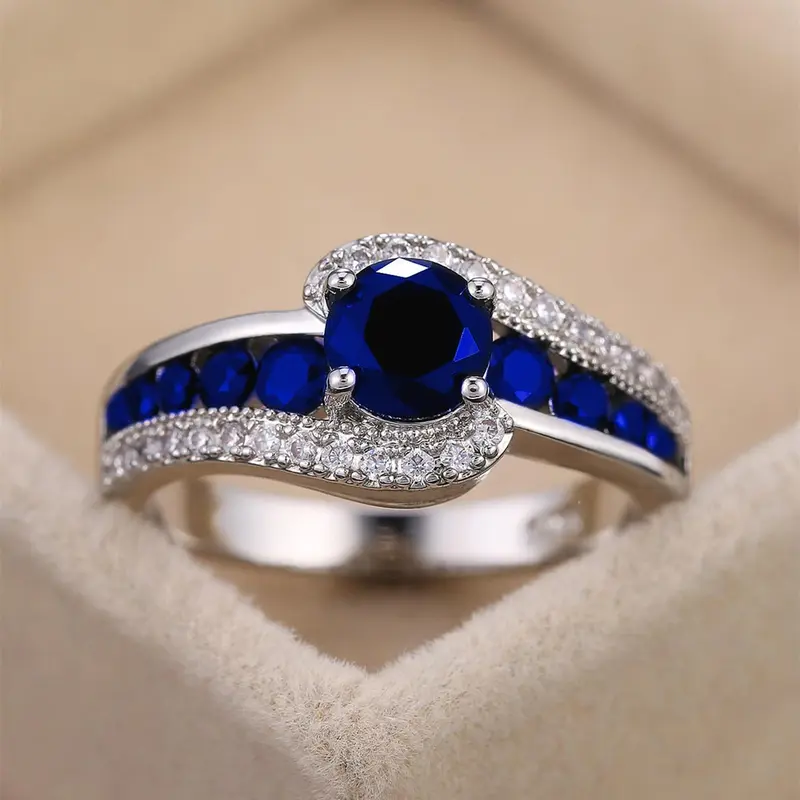Women's Elegant Artificial Zircon Decorated Ring with Blue Round Decor,  Exquisite Trendy Ring for Anniversary, Fashionable Jewelry for Women As Gift, Cubic Zirconia Rings, Beautiful Rings
