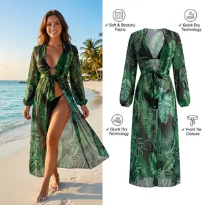 Women's Long Sheer Tropical Leaf Print Swimwear Cover-Up - Light, Airy Sports & Outdoor Beach Layer