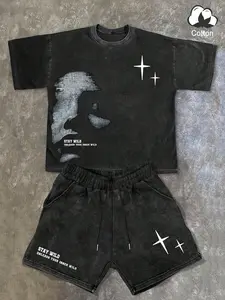 🔥 Viral Streetwear Set! Acid Wash Cotton 2-Piece – Oversized Tee with Abstract Face Graphic & 'STAY WILD' Slogan, Matching Shorts for TikTok OOTD! 🖤 #AcidWashSet #StreetwearViral #TikTokFashion #OversizedFit