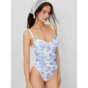 Cider Shaping V-neck Floral Ruched Lace Trim One Piece Swimsuit