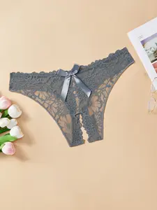 Ladies' Plus Size Sensual Underwear, Open Crotch Hollow Out Lace, Thin Sheer Adult Fantasy Panties, Sexy Transparent Design, Dusty Blue
