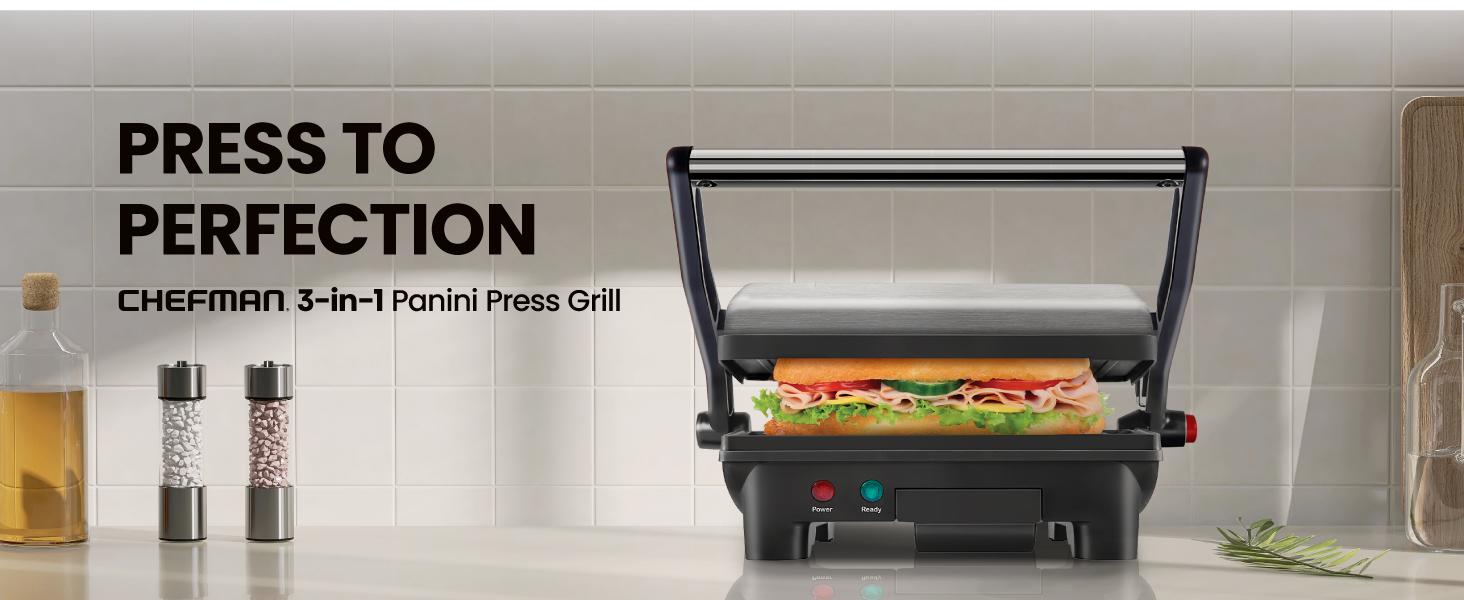 Chefman 3-in-1 Panini Press & Grill, 2-Slice Non-Stick, Opens Flat - Stainless Steel