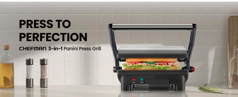 Chefman 3-in-1 Panini Press & Grill, 2-Slice Non-Stick, Opens Flat - Stainless Steel