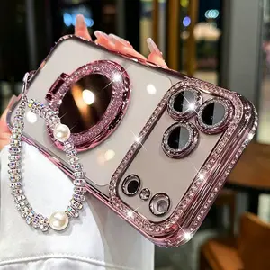 Shiny Edge & Lens Rim Phone Case with Fixed Mirror Stand + Hand Chain for iPhone 12/13/14/15/16/17 Pro Max,17Air,14/15/16 Plus– Premium Wrist Lanyard, Foldable Kickstand & Shockproof Cover for Women