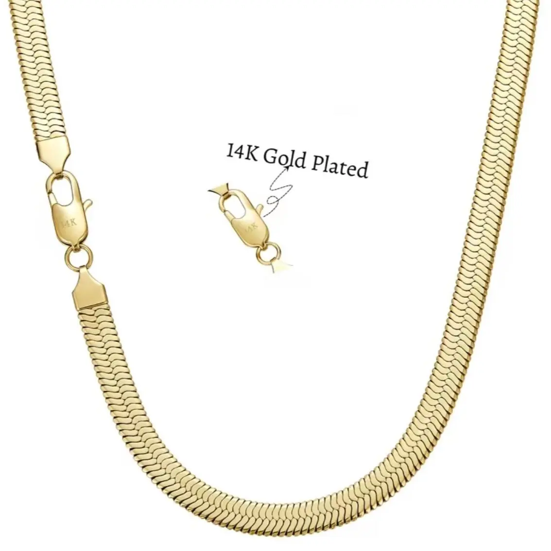 14K Gold Plated Flat Snake Bone Chain, Titanium Steel Herringbone Necklace, Dainty Choker Necklace for Women & Men, Multiple Lengths, Trend Light Luxury Simple Versatile Clavicle Jewelry
