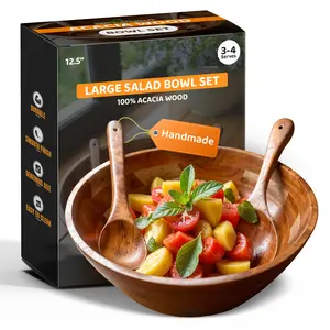 Large Acacia Wood Mixing Bowl with 2 Serving Spoons - 12.5" | Handcrafted Rustic Ceaser Salad Serving Bowl Set, Fruit Bowl, Eco-Friendly & Durable Wooden Utensils for Kitchen Use Aesthetic Tableware