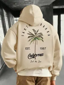 Men's Regular Fit Palm Tree & Letter Print Drop Shoulder Long Sleeve Hoodie, Fashion Casual Streetwear Looks Aesthetic Drawstring Pocket Hooded Sweatshirt for Daily Holiday Outdoor Wear, Men Clothes for Fall & Winter