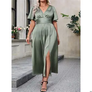 Outfit Long Elegant Pleated - Overlapping Solid Women Size Franclia Plus Summer Color V Neck Ruffled Short Sleeves Waist Dress With Side Slit Hem