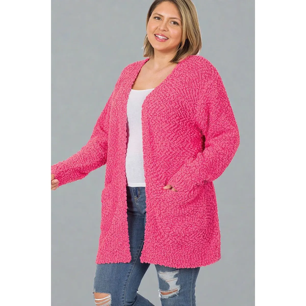 Fuschia Long Sleeve Popcorn Cardigan