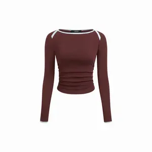 Cider Cotton-blend Boat Neck Contrasting Binding Ruched Top