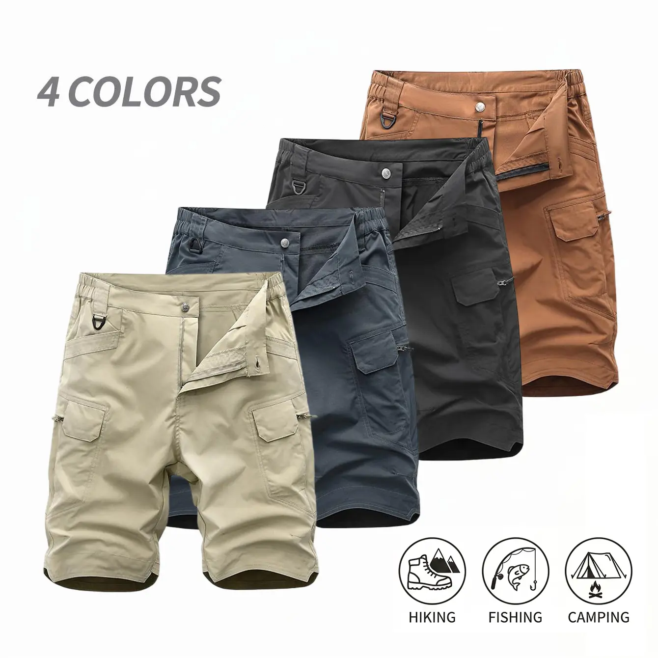 Outdoor quick-dry multi-pocket cargo shorts, available in four colors; suitable for fishing, hiking, and camping; durable and breathable men’s mid-thigh shorts.