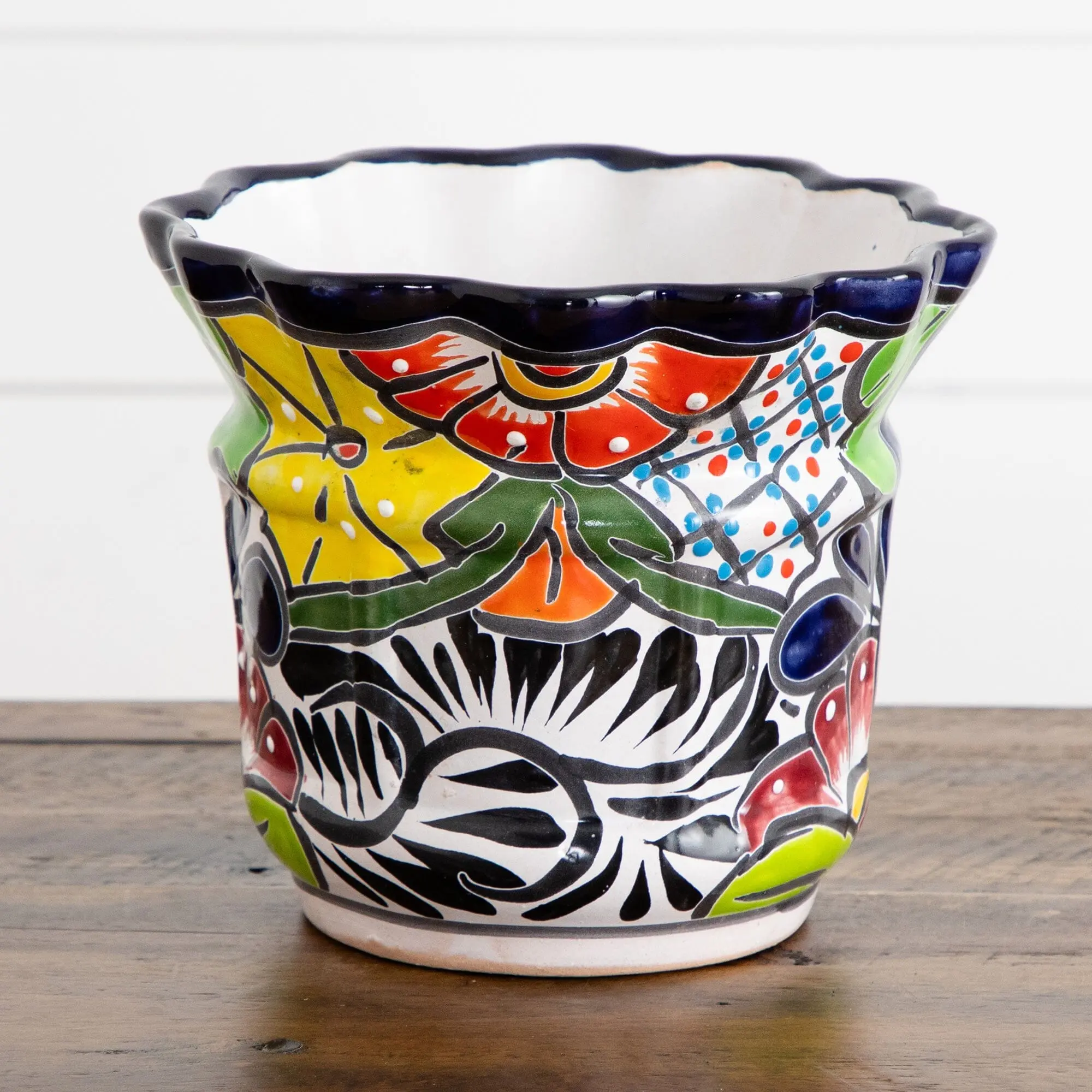 Traditional Handmade Mexican Talavera Ceramic Garden Pot - 7x8 in Decorative Plant Decor for Flowers, Home & Garden Display with Drainage Hole