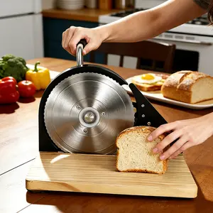 Hand Crank Manual Bread Slicer for Homemade Sourdough Bread, Adjustable Thickness Even Slicing Slicer with Serrated Stainless Steel Blade, Solid Wood Base with Scale Lines & Super Strong Suction Cup Fixation