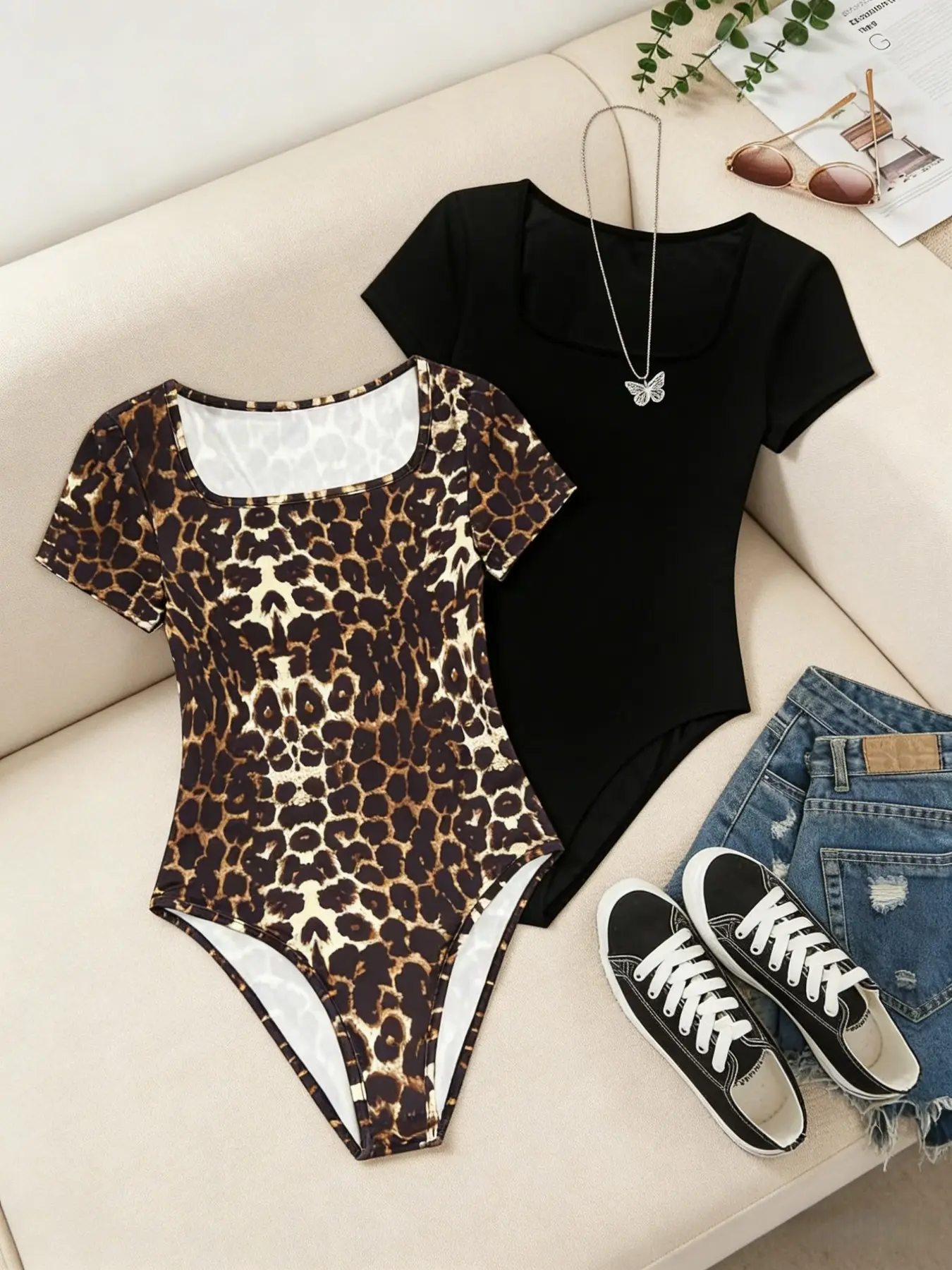 Women's Fashion Casual Square Neck Jumpsuit Outfit Set, Slim-Fitting Short Sleeve Bodysuits, Perfect for Daily Wear & Parties, Womenswear, Everyday