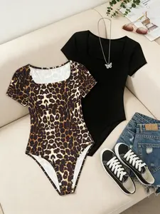 Women's Fashion Square Neck Jumpsuit Outfit Set, Slim-Fitting Short Sleeve Bodysuits, Perfect for Daily Wear & Parties, Womenswear