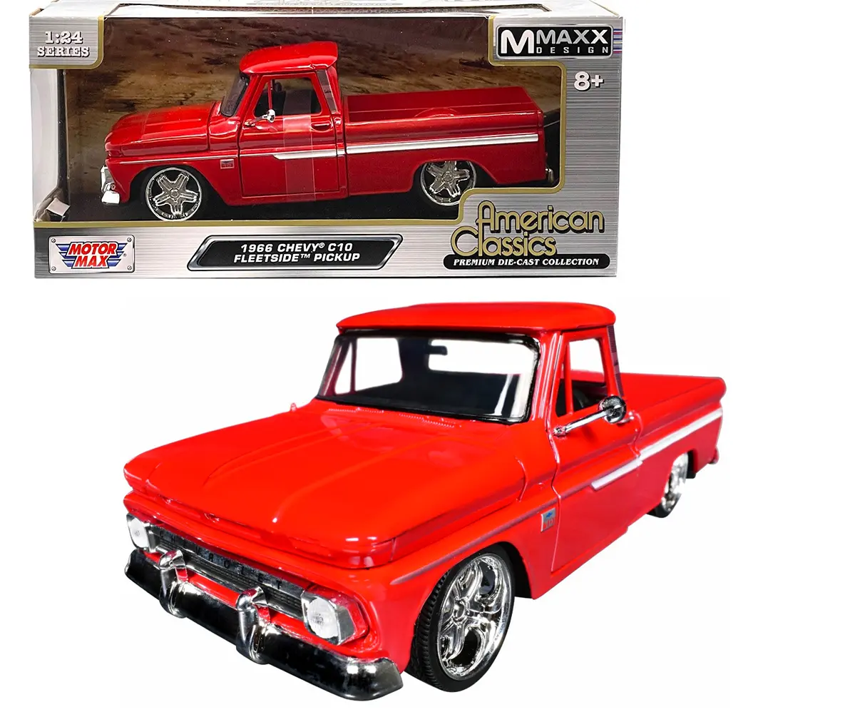 Motormax 1:24 1966 Chevrolet C10 Fleetside Pickup Truck Custom Wheels - Red Diecast Model Truck