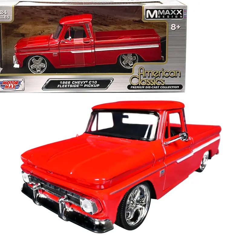 Motormax 1:24 1966 Chevrolet C10 Fleetside Pickup Truck Custom Wheels - Red Diecast Model Truck