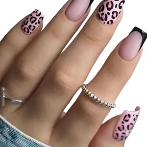 Pink Cheetah Print with Black French Nail Design - As shown in the Image
