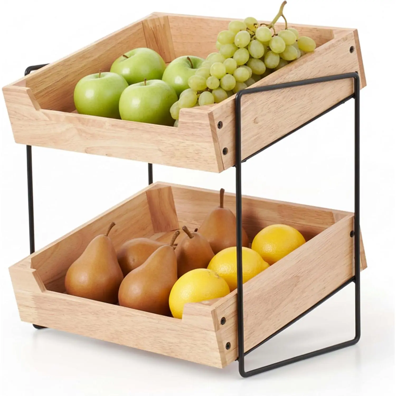 2-Tier Fruit Basket Countertop Organizer – Rubberwood & Metal Fruit Stand – Minimal Scandinavian Design Storage for Fruits, Vegetables, Bread & Snacks – Airflow Design, Easy Assembly