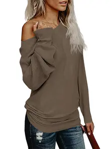 Women's Leisure Solid Color Sloping Shoulder Off-The-Shoulder Long Sleeve Women's Top/Mini Dress for Spring & Fall.Cozy Scoop Neck Loose, Basic Womenswear