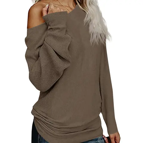 Women's Baggy Off-The-Shoulder Knitted Pullover - Stretchy Solid Color, Sloping Shoulder, Long Sleeve, Cozy Scoop Neck, Soft Fabric, Stylish Oversized Women's Tops for Spring & Fall Outdoor Wear