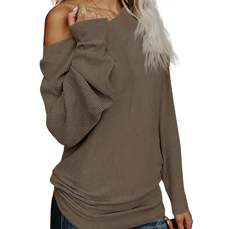 Women's Baggy Off-The-Shoulder Knitted Pullover - Stretchy Solid Color, Sloping Shoulder, Long Sleeve, Cozy Scoop Neck, Soft Fabric, Stylish Oversized Women's Tops for Spring & Fall Outdoor Wear