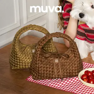 Woven Onigiri Bag, MUVA Weave Collection, Triangle Pattern Design, For Women, Handheld Polyester, Single Shoulder and Crossbody Bag, Magnetic Clasp, Adjustable Strap Fashion Handbag