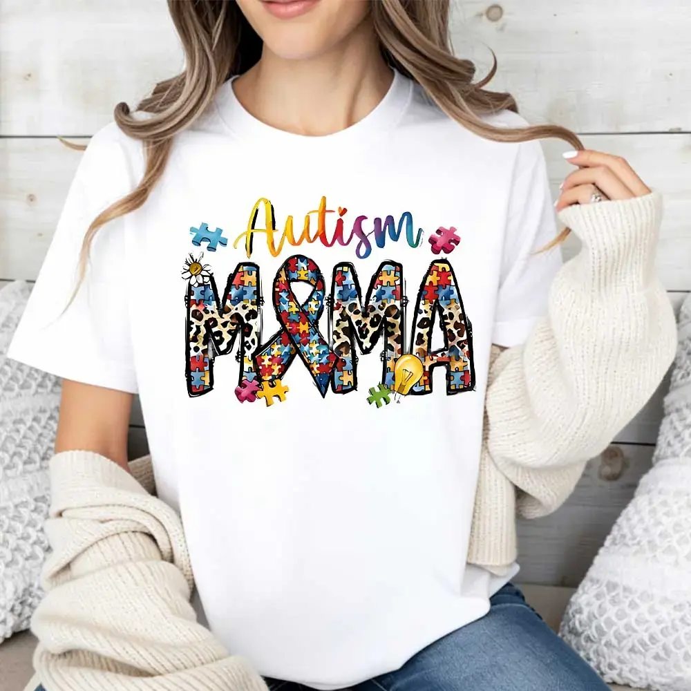 Autism Mama Puzzle Pieces And Ribbon Print T Shirt White Crewneck Casual Wear For Autism Awareness Support And Motherhood