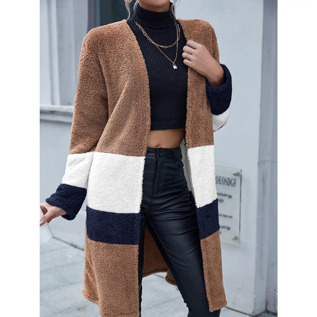 Tricolor Open Front Fuzzy Longline Cardigan