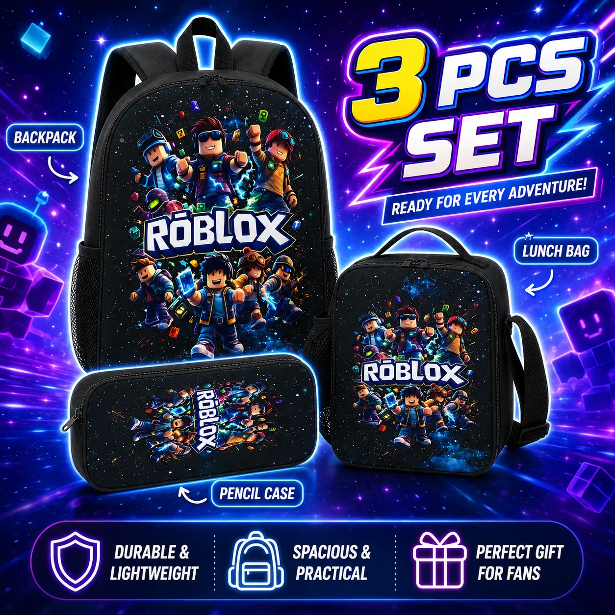 Roblox Gamer Classic Printed 3-Piece Backpack Set for Boys Girls, Cool Video Game School Backpack with Lunch Box and Pencil Case, Lightweight Durable Bookbag Kids Teens Gift