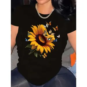 Women's Black Sunflower Butterfly Print 100% Cotton T-Shirt Crew Neck Short Sleeve Casual Summer Top