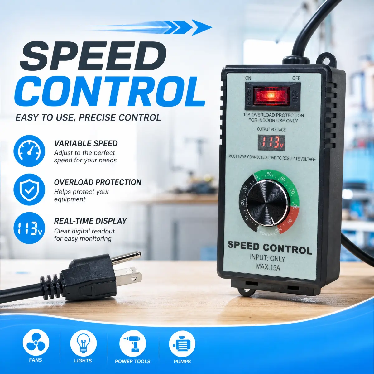 15A AC Motor Speed Controller - 110V/15A Compact 110V US Plug, Digital Screen Stepless Speed Governor, Overload Safe, for Power Tools, Fan, Grinder, Indoor Use, Plastic Shell, Smooth Adjust