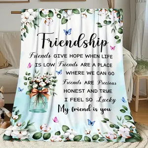 One Best Friend Blanket, soft flannel, suitable for all seasons, a warm gift. Printed with flowers, butterflies, and messages of friendship. Blue and green lettering design, a birthday gift for best friends/soulmates.