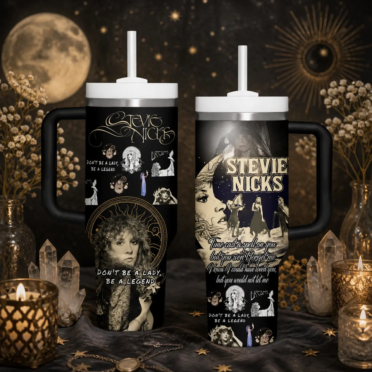 40oz Stevie Nicks Vacuum Insulated Handle Mug - Reusable Leakproof Water Bottle, Sister of the Moon Gift for Fleetwood Mac Fans, Retro Witchy Hippie Goth Aesthetic Kitchenware Drinkware, Reusable Water Bottle, Leakproof Water Bottles