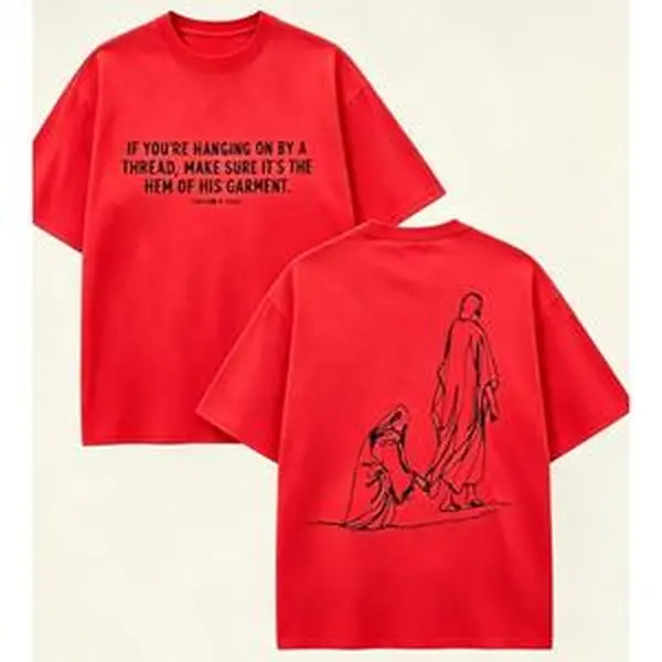 Hem Of His Garment Woman Touch Jesus Line Art Front Back Print Comfort Oversized Cotton T-Shirt, Inspirational Christian Faith Cute Fashion Outfit, Perfect Valentine's Day Easter Gift For Believers Church Lovers Friends Family, Religious Holiday Best Casu