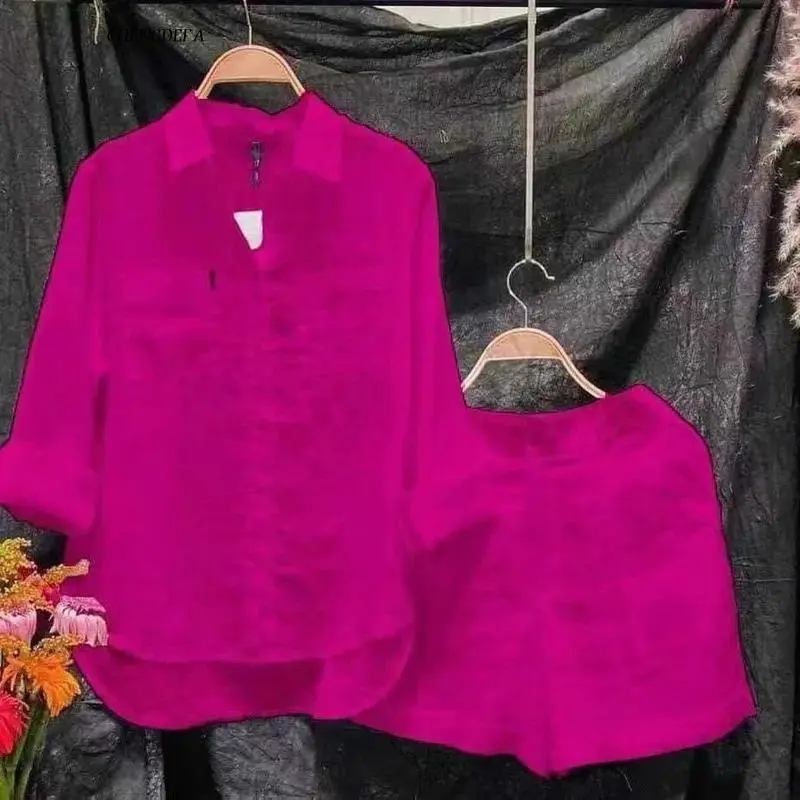 (New)Fashion White Long Sleeve Shirt And Shorts Two Piece Sets Women 2026 Summer Cotton Linen Casual Home 2 Piece Set For Women Baggy Womenswear