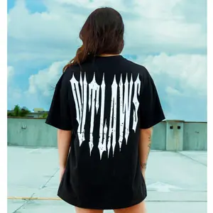 Iron Family Oversize Tee - Black Cotton TShirt with "OUTLAWS" Graphic print, Shortsleeve, Streetwear Fashion Crewneck Fabric Oversized Menswear Casual Loose Fit Jersey