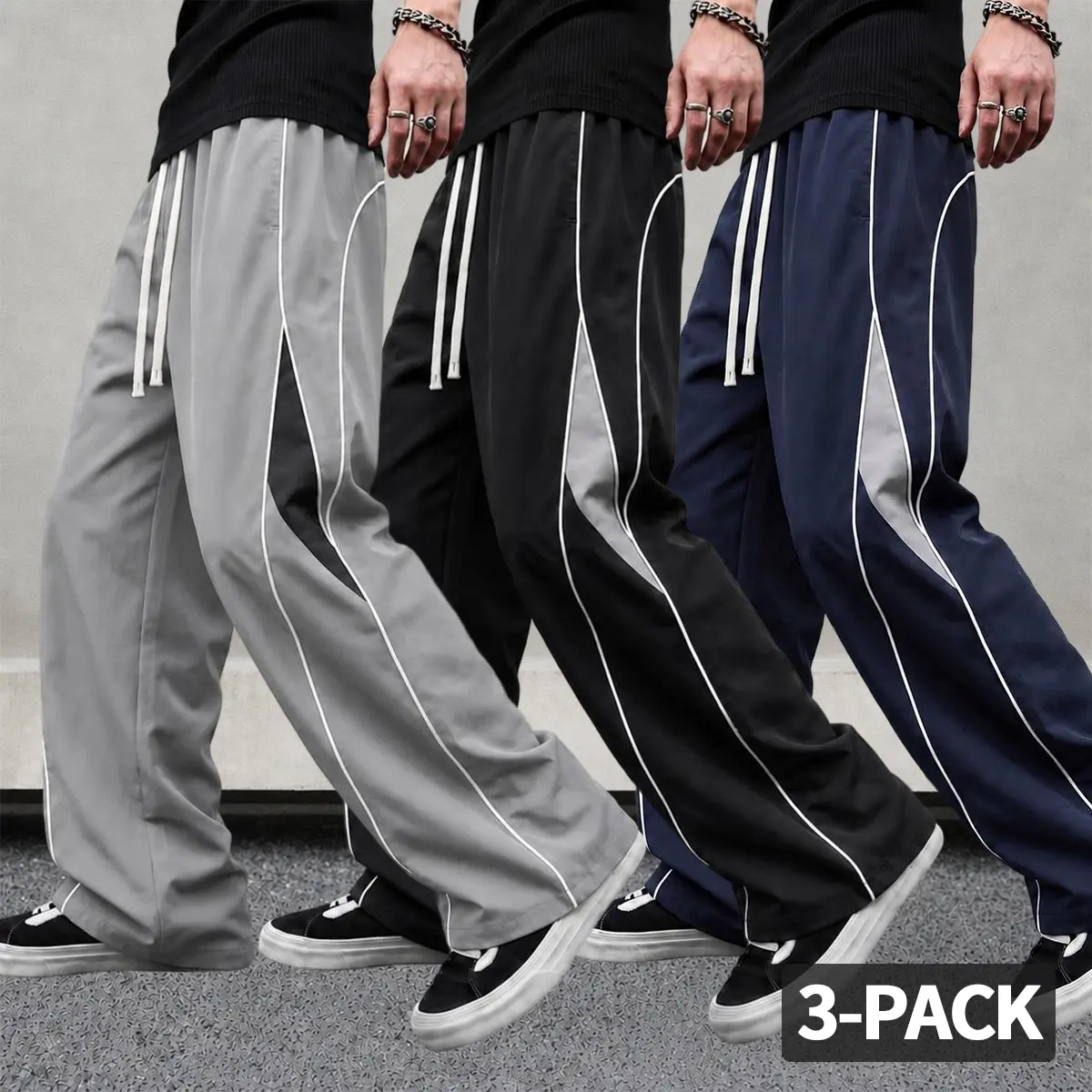 3-Pack Men’s Striped Patchwork Casual Pants – Loose Straight-Leg Wide-Waist Athletic Jogger Style, Trendy & Versatile