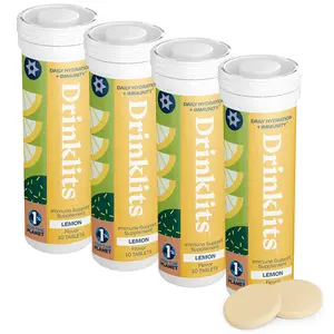 Drinklits Lemon Daily Immune Support Tablets (4) Tube Bundle | Vitamin C Boost - 0g Sugar - Electrolytes - Immunity Herbal Blend | 40 Servings – 10 Tablets per Tube