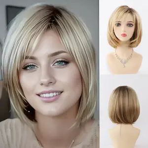 Chic Brown and Blonde Ombre Bob Wig with Bangs - Shoulder-Length Straight Synthetic Hair, Breathable Rose Net Cap, Perfect for Daily and Party Wear straight bob synthetic wig