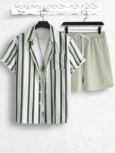Two-Piece Set Men's Matching Striped Short Sleeve Shirt & Shorts, Regular Fit Casual Button Front Top & Shorts, Men's Summer Outfits