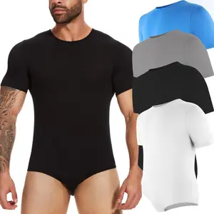 Menswear Body Shaper Shapewear Short Sleeve Undershirt Press Button Crotch Solid Lightweight Soft Comfortable Shirt  Bodysuit Round Neck Leotard Tops for All Seasons Fabric Romper Stretch Day Pajamas