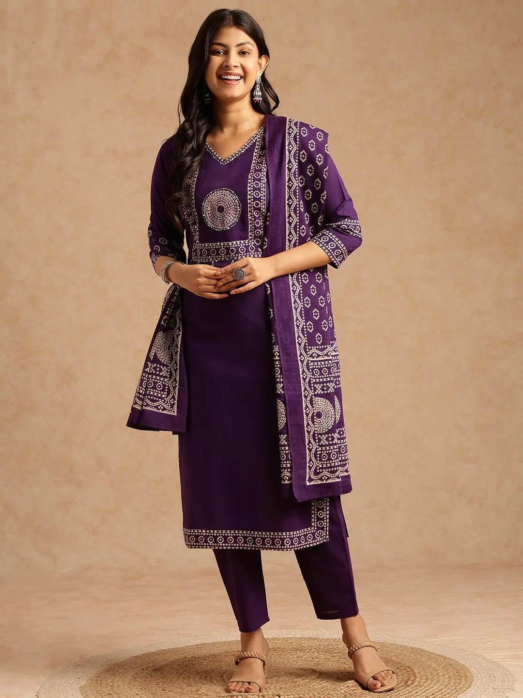 Kurta Set for Women - Violet Straight Cotton Fabric with Bandhani Print | 3-Piece Festive Wear with V-Neck and 3/4 Sleeve, Clothes, Style, Top, Lightweight, Soft, Casual, Breathable, Traditional, Pants, Plus Size