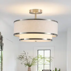 Semi Flush Mount Ceiling Light, 3-Light Double Drum Ceiling Light Fixture with Fabric Shade, Farmhouse Chandelier Dining Room Light Fixture for Bedroom, Kitchen, Hallway (Brushed Nickel)